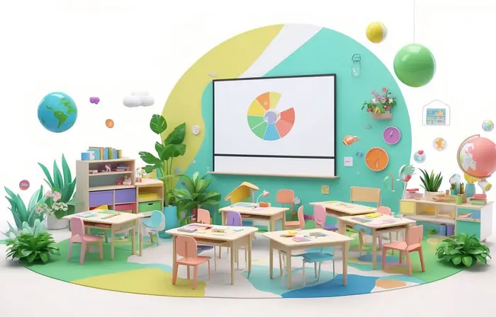 Classroom Furniture 3D Cartoon Style Illustration
